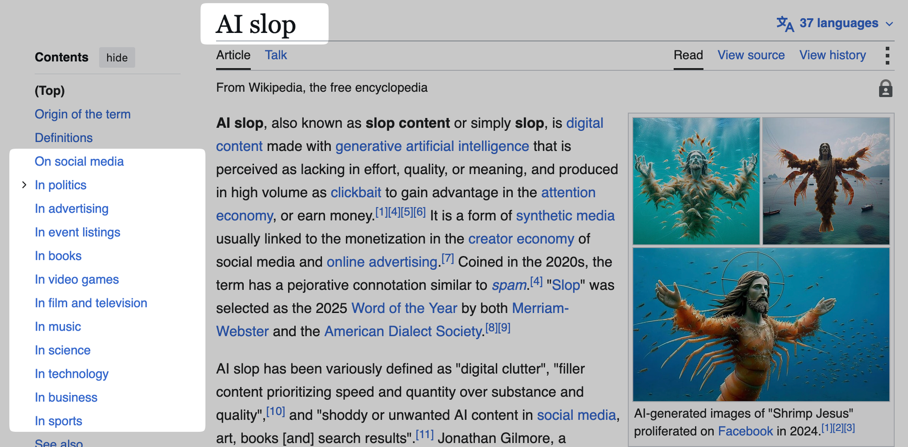 A screenshot of the Wikipedia article for "AI slop"