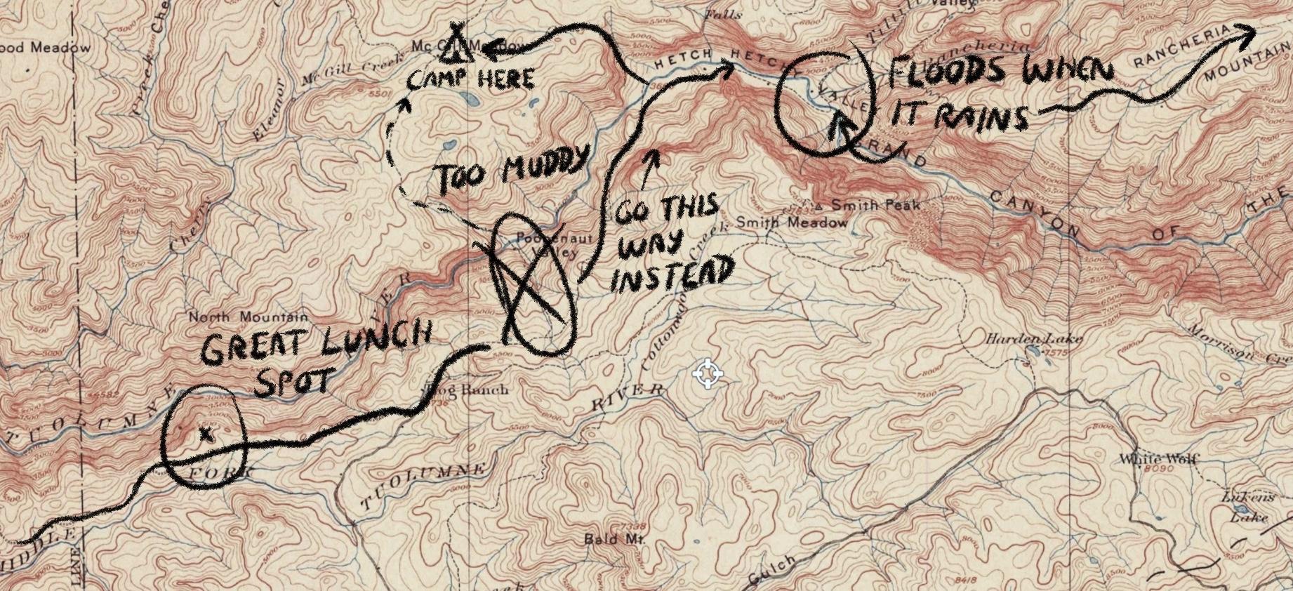 Hiking map with hand-drawn annotations
