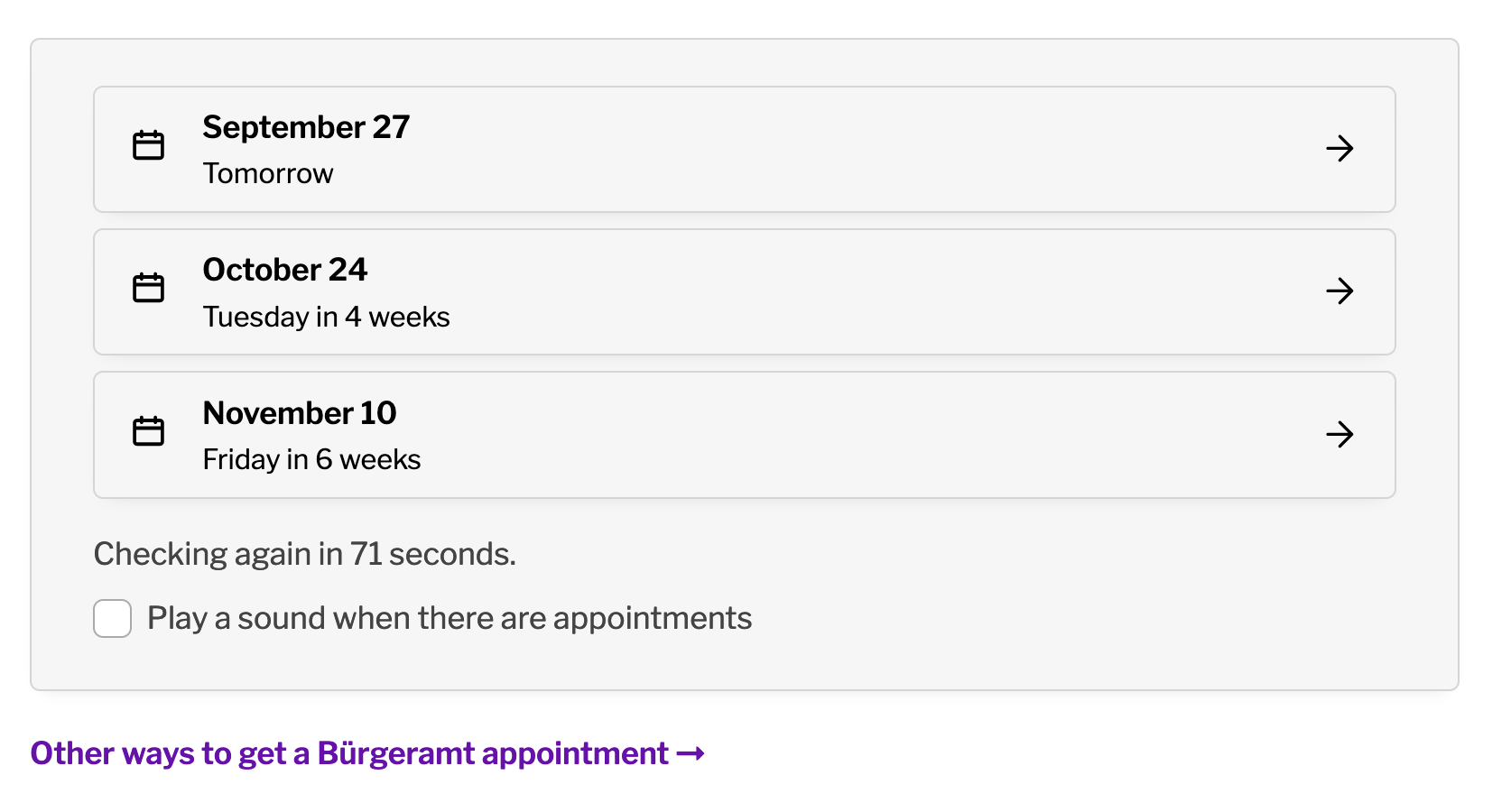 The Bürgeramt appointment finder UI