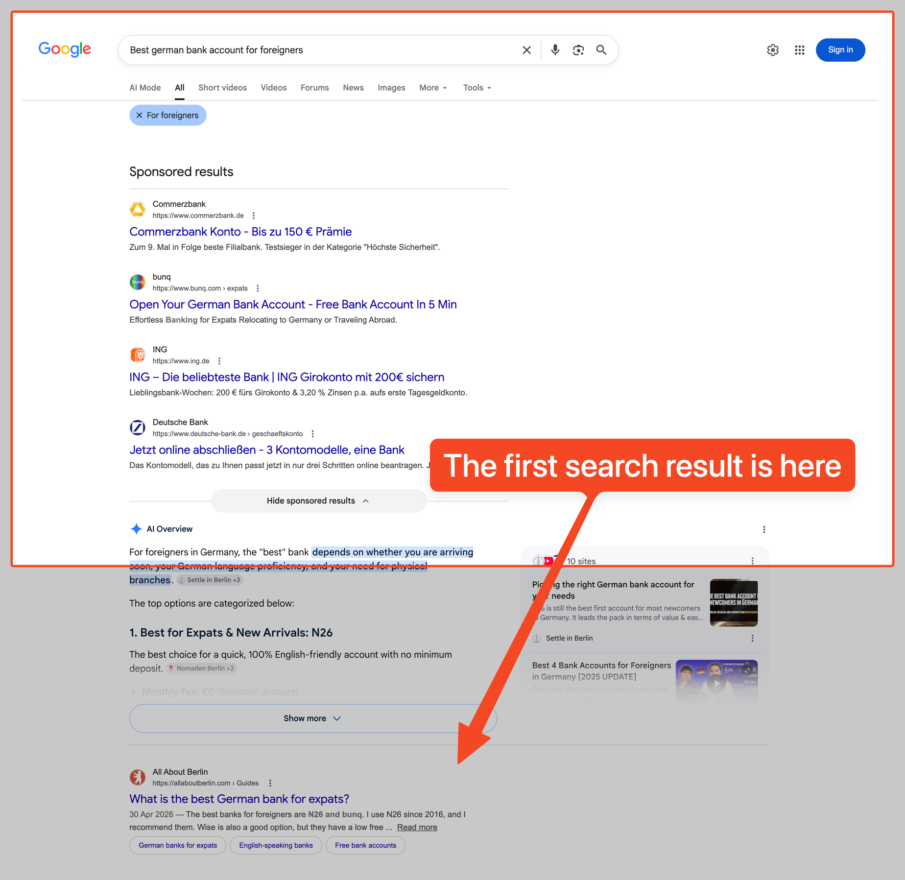 What it means to be first on Google First result on Google Search, below sponsored results