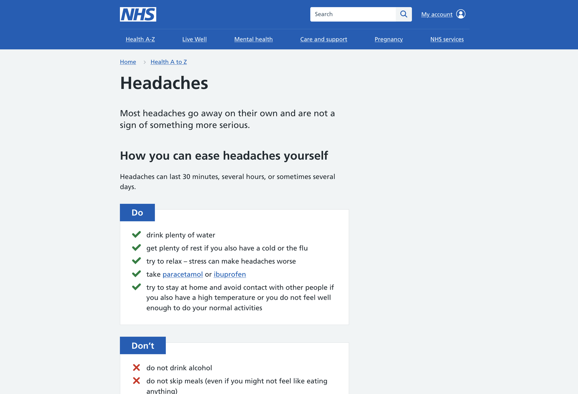 Screenshot of a page on NHS.uk